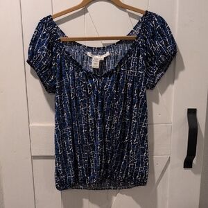 Max Studio Blue and White Fitted Puff Sleeve Blouse Size Large